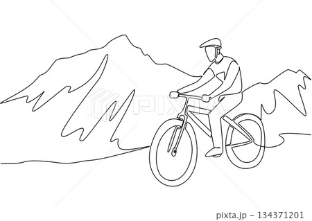 Single one line drawing a man riding a trail bike on a gentle track with a mountain background. Cycling with a refreshing view. Biker. National Trails Day. Continuous line design graphic illustration 134371201