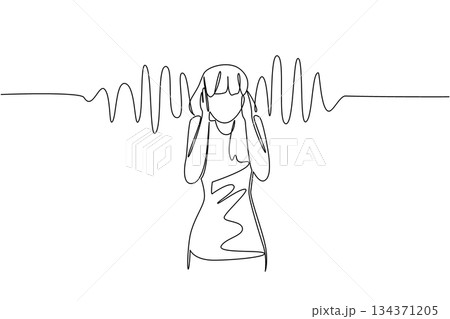 Single continuous line drawing a young woman in casual clothes holds ears with both hands and sound wave effects. Dizzy with noise. National Save Your Hearing Day. One line design vector illustration Single continuous line drawing a young woman in casual clothes holds ears with both hands and sound wave effects. Dizzy with noise. National Save Your Hearing Day. One line design vector illustration 134371205