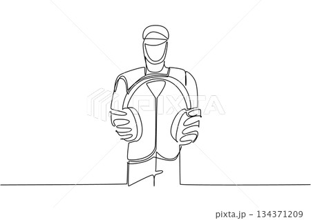 Single continuous line drawing construction worker wear vest and helmet, holds headphones with both hands. Noise cancelling device. National Save Your Hearing Day. One line design vector illustration 134371209