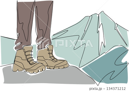 Single one line drawing feet wear hiking shoes stands on cliff with mountain background. The peak of the mountain is getting closer. National Trails Day. Continuous line design graphic illustration 134371212