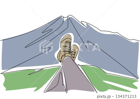 Continuous one line drawing feet wearing hiking shoes are relaxing stacked against a mountain background. Rest with a beautiful view. National Trails Day. Single line draw design vector illustration Continuous one line drawing feet wearing hiking shoes are relaxing stacked against a mountain background. Rest with a beautiful view. National Trails Day. Single line draw design vector illustration 134371213