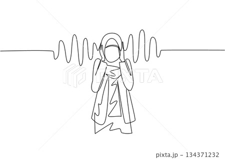 Single continuous line drawing an Arab woman holds ears with both hands and sound wave effects. Noise pollution is very disturbing. National Save Your Hearing Day. One line design vector illustration Single continuous line drawing an Arab woman holds ears with both hands and sound wave effects. Noise pollution is very disturbing. National Save Your Hearing Day. One line design vector illustration 134371232