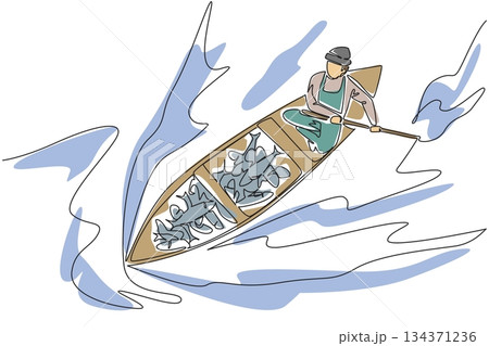 Single continuous line drawing a man wear jumpsuit and hat rowing a wooden boat with lots of fish in it. Abundant fish harvest. Lots of profit. Fisherman Hold Fish. One line design vector illustration 134371236