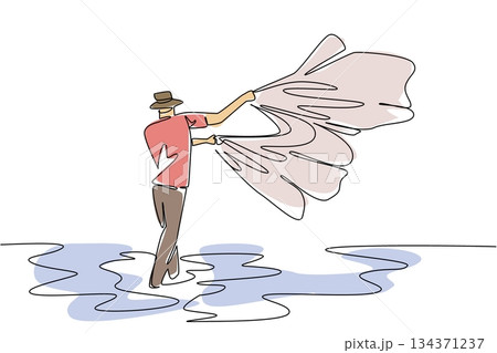Single continuous line drawing a man wearing hat standing in the sea throwing a net into the middle of the sea. Widening the net to catch fish. Fisherman Hold Fish. One line design vector illustration 134371237