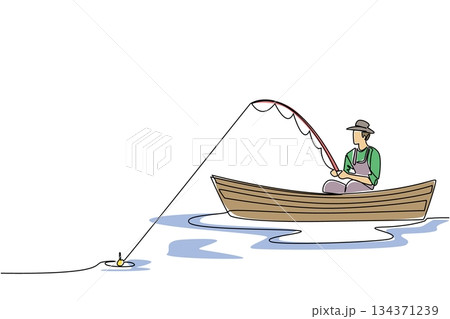 Single one line drawing a man wearing a hat sitting in wooden boat while fishing. Catching the target slowly. The old traditional way. Fisherman Hold Fish. Continuous line design graphic illustration 134371239