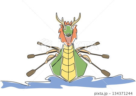 Continuous one line drawing dragon boat sail on the ocean with hands rowing on both sides of the boat. A cohesive team. Enthusiastic. Dragon Boat Festival. Single line draw design vector illustration 134371244