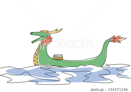 Single continuous line drawing dragon boat without passengers, filled with drums sailing on sea full of waves. Annual traditional competition. Dragon Boat Festival. One line design vector illustration Single continuous line drawing dragon boat without passengers, filled with drums sailing on sea full of waves. Annual traditional competition. Dragon Boat Festival. One line design vector illustration 134371246