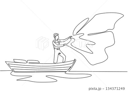 Single continuous line drawing a man wear a vest and hat stands on a wooden boat while casting a net. It is the month of the fish harvest. Fisherman Hold Fish. One line design vector illustration 134371249