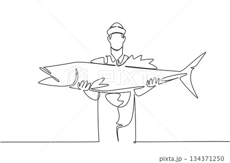 Continuous one line drawing a man wearing a jumpsuit and hat holding a big fish. Very satisfying catch. High protein sea fish. Work. Fisherman Hold Fish. Single line draw design vector illustration 134371250