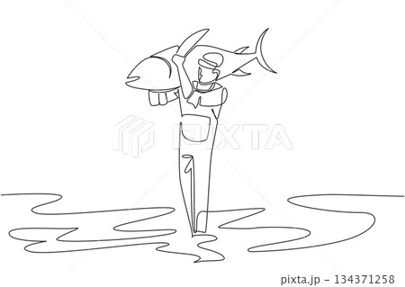 Single one line drawing a man wear jumpsuit and hat lift big fish on shoulder and walks on seashore. Satisfying fish catch. Persistent. Fisherman Hold Fish. Continuous line design graphic illustration 134371258