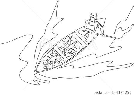 Single continuous line drawing a man wear jumpsuit and hat rowing a wooden boat with lots of fish in it. Abundant fish harvest. Lots of profit. Fisherman Hold Fish. One line design vector illustration 134371259