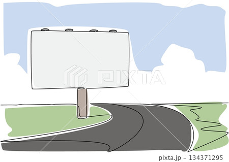 Single continuous line drawing billboard located on the side of a turning highway. Ads that are easy for many people to see and remember. National Billboard Day. One line design vector illustration Single continuous line drawing billboard located on the side of a turning highway. Ads that are easy for many people to see and remember. National Billboard Day. One line design vector illustration 134371295