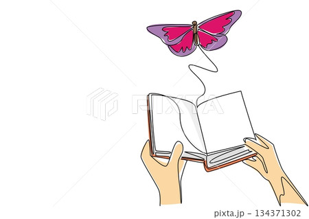 Single one line drawing two hands holding thick old book open and taking out a large butterfly. Cultivation methods. Butterfly Education and Awareness Day. Continuous line design graphic illustration Single one line drawing two hands holding thick old book open and taking out a large butterfly. Cultivation methods. Butterfly Education and Awareness Day. Continuous line design graphic illustration 134371302