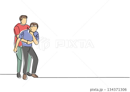 Continuous one line drawing a man performs the Heimlich maneuver on another man holds neck. Appropriate first aid measures. National Heimlich Maneuver Day. Single line draw design vector illustration 134371306