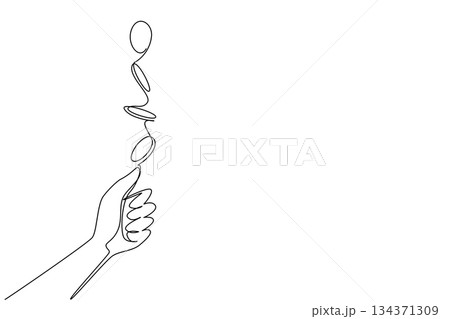 Continuous one line drawing coin flip from hand with coin flip step effect. Draw the fortunes like a referee draws for a penalty kick. Flip a Coin Day. Single line draw design vector illustration Continuous one line drawing coin flip from hand with coin flip step effect. Draw the fortunes like a referee draws for a penalty kick. Flip a Coin Day. Single line draw design vector illustration 134371309
