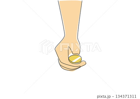 Continuous one line drawing front view, coin placed on top of thumb and index finger. Lucky draw. Determining the first player. Big chance. Flip a Coin Day. Single line draw design vector illustration 134371311