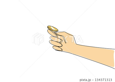 Single one line drawing coin placed on the thumb and index finger, ready to flip a coin. Draw the first game start. The wise way. Luck. Flip a Coin Day. Continuous line design graphic illustration Single one line drawing coin placed on the thumb and index finger, ready to flip a coin. Draw the first game start. The wise way. Luck. Flip a Coin Day. Continuous line design graphic illustration 134371313