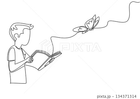 Single one line drawing a boy opens a thick book which releases a large butterfly. Read the legendary stories. Myth. Butterfly Education and Awareness Day. Continuous line design graphic illustration 134371314