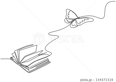Single continuous line drawing a thick old book opens and a large butterfly flies out. Conservation invites many benefits. Butterfly Education and Awareness Day. One line design vector illustration Single continuous line drawing a thick old book opens and a large butterfly flies out. Conservation invites many benefits. Butterfly Education and Awareness Day. One line design vector illustration 134371319