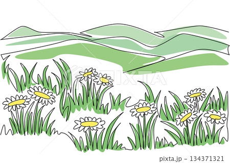 Single one line drawing prairie with several small hills in the background. The green grass fields are soothing to the eyes. Panoramic National Prairie Day. Continuous line design graphic illustration 134371321