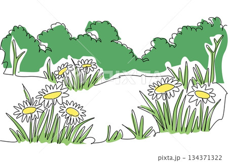 Continuous one line drawing prairie with flowers and trees. A vast expanse of grassland in the middle of the city. Healthy environment National Prairie Day. Single line draw design vector illustration Continuous one line drawing prairie with flowers and trees. A vast expanse of grassland in the middle of the city. Healthy environment National Prairie Day. Single line draw design vector illustration 134371322