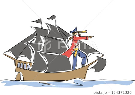 Single one line drawing pirate stands on a sailboat using a monocular while monitoring. Pirates prepare to devour other ships. Do not Give Up the Ship Day. Continuous line design graphic illustration 134371326