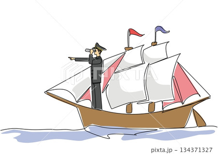 Single one line drawing ship captain standing on a sailboat using a binocular while monitoring. Looking for land to anchor. Do not Give Up the Ship Day. Continuous line design graphic illustration 134371327