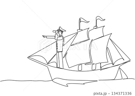 Single one line drawing ship captain standing on a sailboat using a binocular while monitoring. Looking for land to anchor. Do not Give Up the Ship Day. Continuous line design graphic illustration 134371336