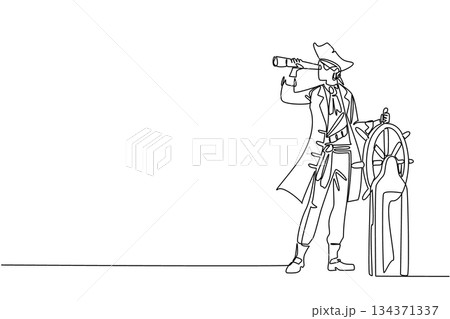 Single continuous line drawing pirate stands holds steering wheel uses monocular to monitoring. Observing navigation. Leading to gold. Do not Give Up the Ship Day. One line design vector illustration Single continuous line drawing pirate stands holds steering wheel uses monocular to monitoring. Observing navigation. Leading to gold. Do not Give Up the Ship Day. One line design vector illustration 134371337