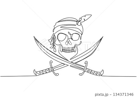 Single continuous line drawing skull wearing a bandana with crossed swords underneath. A symbol of criminals on the high seas. Pirates. Do not Give Up the Ship Day. One line design vector illustration Single continuous line drawing skull wearing a bandana with crossed swords underneath. A symbol of criminals on the high seas. Pirates. Do not Give Up the Ship Day. One line design vector illustration 134371346