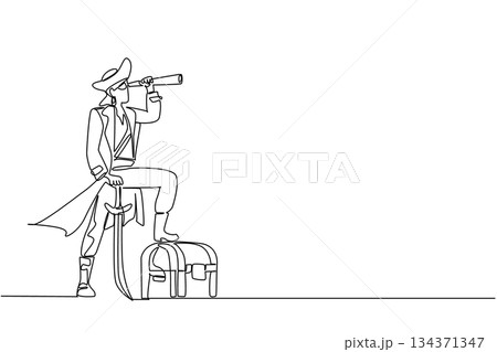 Continuous one line drawing pirate uses monocular holding sword stuck in the ground and treasure chest. Monitoring other gold. Do not Give Up the Ship Day. Single line draw design vector illustration 134371347