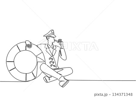 Single continuous line drawing captain of ship sit cross legged on floor smoking tobacco pipe hugs a buoy. Classic style is still cool. Do not Give Up the Ship Day. One line design vector illustration 134371348