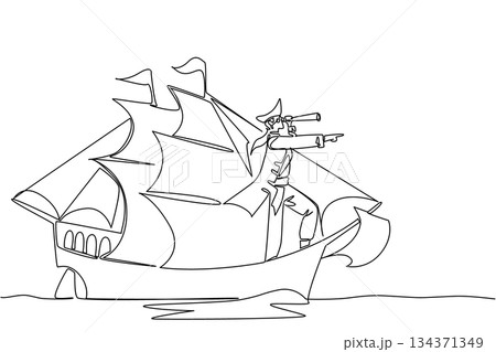 Single one line drawing pirate stands on a sailboat using a monocular while monitoring. Pirates prepare to devour other ships. Do not Give Up the Ship Day. Continuous line design graphic illustration 134371349