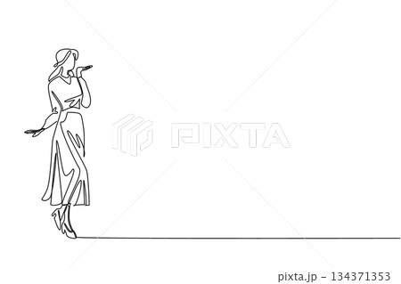 Continuous one line drawing a young woman dressed in a long dress is gesturing to give an air kiss. Beautiful. So charming and seductive. Wear a Dress Day. Single line draw design vector illustration 134371353