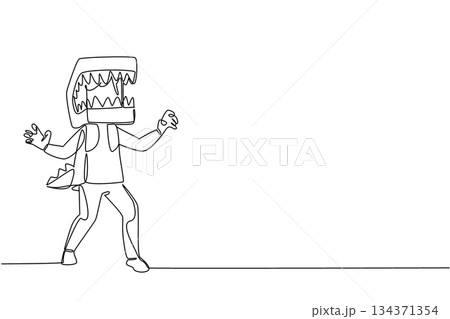 Single continuous line drawing a girl wearing a dinosaur costume made of cardboard. Play like dinosaur. Childhood experience will never be repeated. Dinosaur Day. One line design vector illustration 134371354