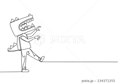 Continuous one line drawing a boy wearing a dinosaur costume made of cardboard. The fun of making dinosaur toys. A fun day throughout school. Dinosaur Day. Single line draw design vector illustration Continuous one line drawing a boy wearing a dinosaur costume made of cardboard. The fun of making dinosaur toys. A fun day throughout school. Dinosaur Day. Single line draw design vector illustration 134371355