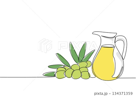 Single one line drawing olive oil in a glass jug and around the glass there are olives and leaves. The best quality olive oil. Cosmetic. National Olive Day. Continuous line design graphic illustration 134371359