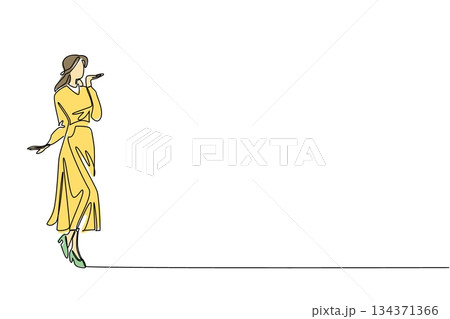 Continuous one line drawing a young woman dressed in a long dress is gesturing to give an air kiss. Beautiful. So charming and seductive. Wear a Dress Day. Single line draw design vector illustration Continuous one line drawing a young woman dressed in a long dress is gesturing to give an air kiss. Beautiful. So charming and seductive. Wear a Dress Day. Single line draw design vector illustration 134371366