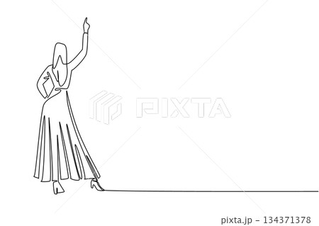 Single one line drawing a woman wears long dress gestures raising one hand and place other hand on waist. Look charming and confident. Wear a Dress Day. Continuous line design graphic illustration Single one line drawing a woman wears long dress gestures raising one hand and place other hand on waist. Look charming and confident. Wear a Dress Day. Continuous line design graphic illustration 134371378