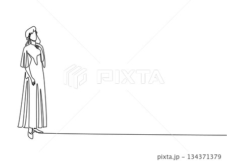 Single continuous line drawing a woman dressed in a long dress gestures with one hand on her chest. Beautiful and graceful woman. Fashionable. Wear a Dress Day. One line design vector illustration Single continuous line drawing a woman dressed in a long dress gestures with one hand on her chest. Beautiful and graceful woman. Fashionable. Wear a Dress Day. One line design vector illustration 134371379