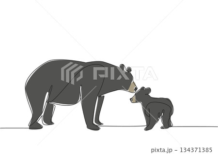 Single continuous line drawing the mother black bear was face to face with the cub, and kissed its head. Unique view at the zoo. Predator. National Black Bear Day. One line design vector illustration 134371385
