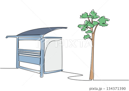 Continuous line drawing of a bus stop with billboard panel for advertising space beside a green tree, symbolizing urban promotion balanced with nature, in minimalist single line drawing style. 134371390