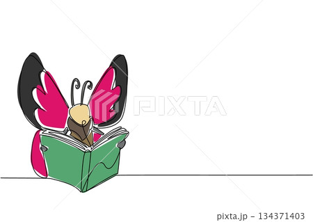 Single one line drawing butterfly is reading a thick book. Reading the story of his own transformation. Good example. Butterfly Education and Awareness Day. Continuous line design graphic illustration Single one line drawing butterfly is reading a thick book. Reading the story of his own transformation. Good example. Butterfly Education and Awareness Day. Continuous line design graphic illustration 134371403