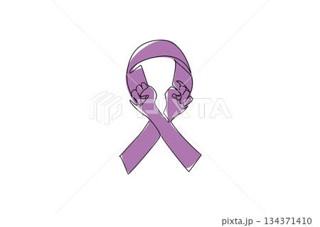 Single continuous line drawing ribbon campaign with 2 hands forming a fist gesture. Symbol of solidarity in support of survivors. National Cancer Survivors Day. One line design vector illustration Single continuous line drawing ribbon campaign with 2 hands forming a fist gesture. Symbol of solidarity in support of survivors. National Cancer Survivors Day. One line design vector illustration 134371410