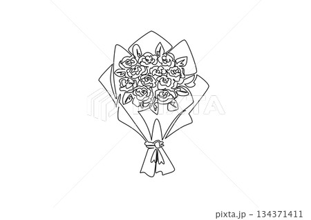 Single one line drawing bouquet of roses. A bouquet of roses is a sign of love for the loved one. Symbol of love and affection. Lovely. Rose Festival. Continuous line design graphic illustration Single one line drawing bouquet of roses. A bouquet of roses is a sign of love for the loved one. Symbol of love and affection. Lovely. Rose Festival. Continuous line design graphic illustration 134371411