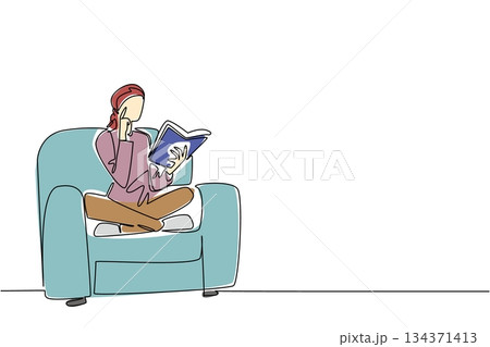 Single one line drawing a woman sitting on sofa crossed her legs holding a book. Reading to strengthen. The spirit to recover National Cancer Survivors Day. Continuous line design graphic illustration 134371413