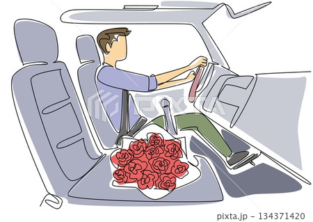 Continuous one line drawing a man driving car with bouquet of roses next to him. Bringing simple, meaningful surprises. Wedding anniversary. Rose Festival. Single line draw design vector illustration 134371420