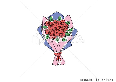 Single one line drawing bouquet of roses. A bouquet of roses is a sign of love for the loved one. Symbol of love and affection. Lovely. Rose Festival. Continuous line design graphic illustration 134371424