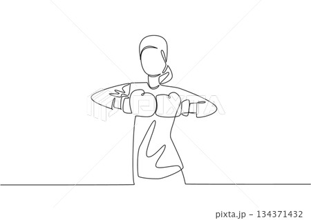 Single one line drawing a female cancer survivor wears boxing gloves, clenched both fists in front of chest. Stay strong. National Cancer Survivors Day. Continuous line design graphic illustration 134371432