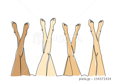 Single one line drawing 4 pairs of barefoot legs crossed with the feet raised. Relax and gossip by raising the legs up. Leisure. National Go Barefoot Day. Continuous line design graphic illustration 134371434